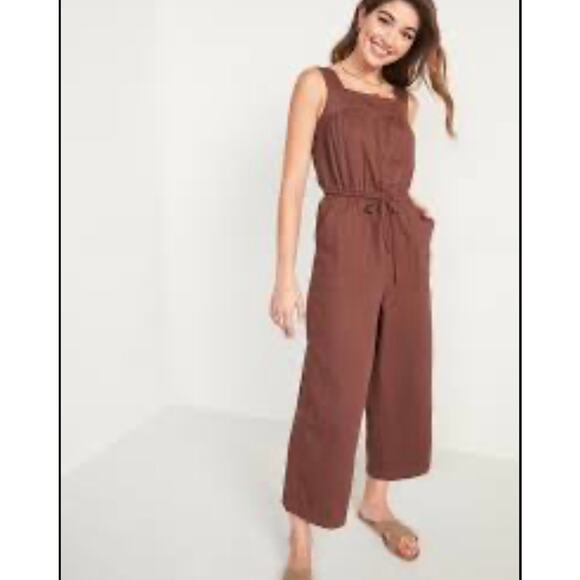 Old Navy Button-Front Sleeveless Jumpsuit Brown Gauze Cropped M - Picture 2 of 4